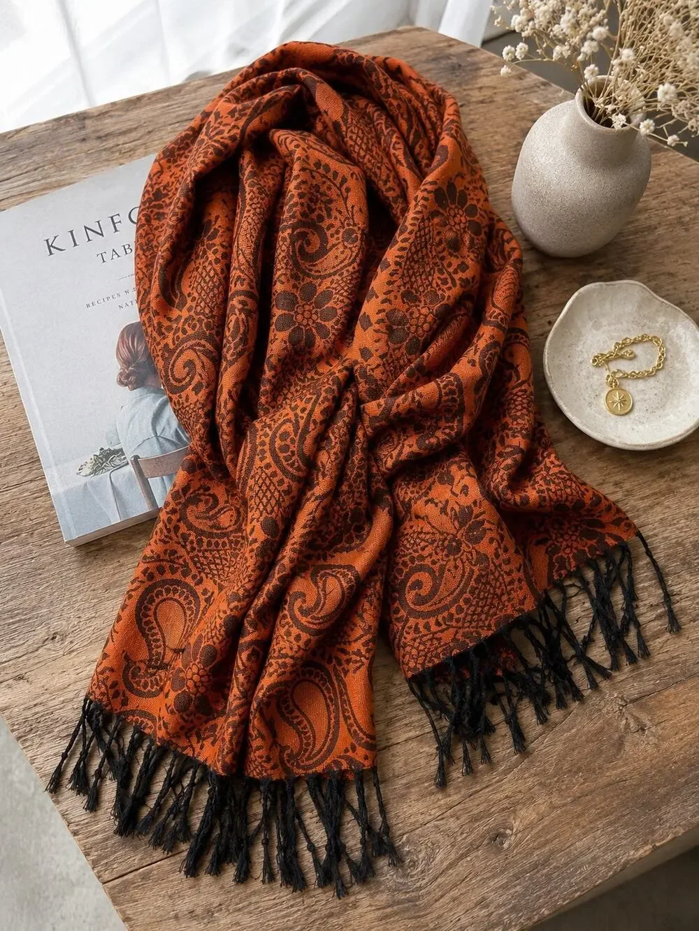 100% Cashmere Paisley Scarf with Fringe in Rust Orange and Brown. 30